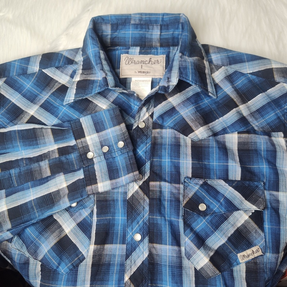 Wrangler Wrancher Western Shirt Men L Blue Plaid Metallic Pearl Snap MTW1099